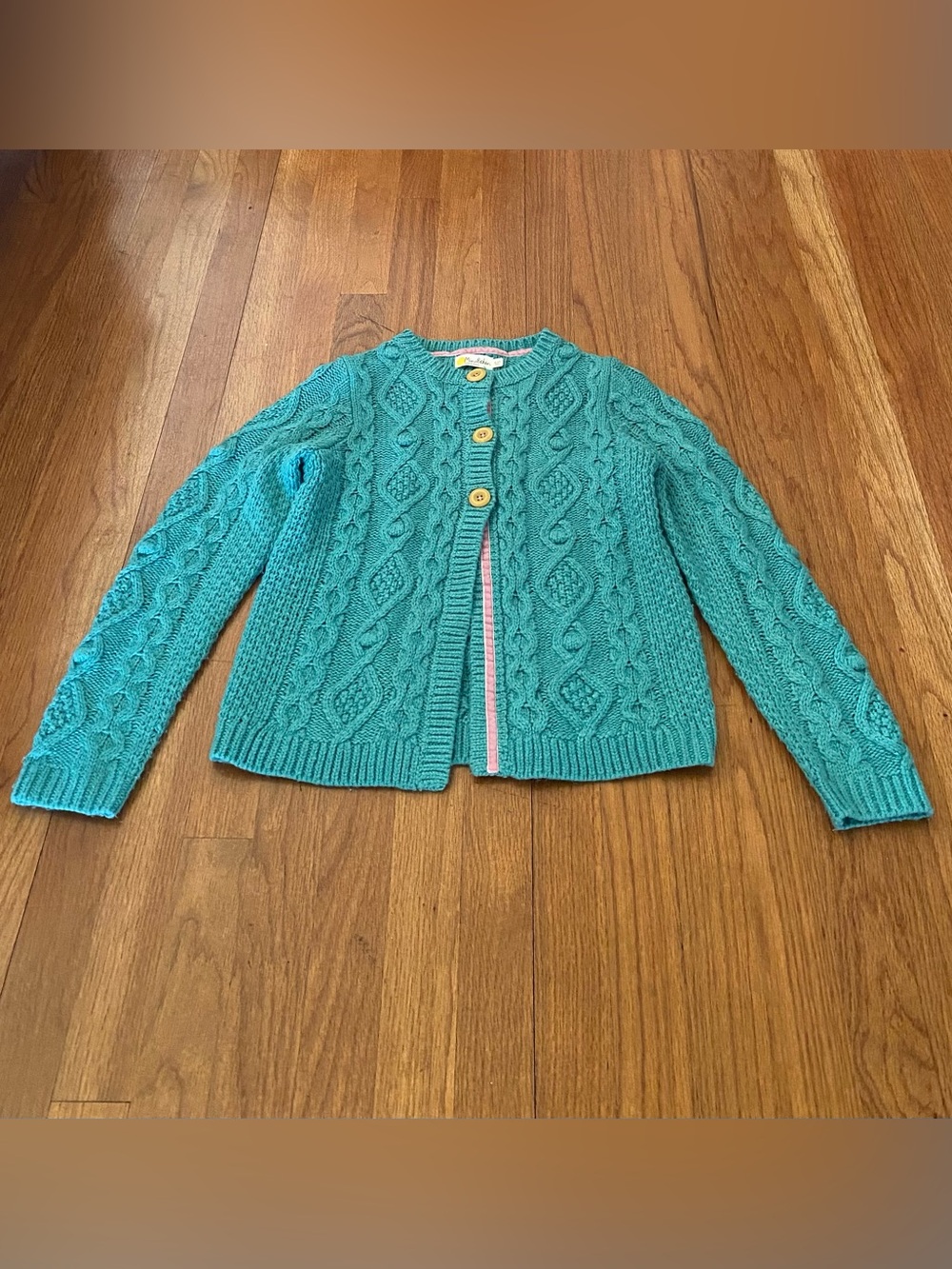 Mini Boden Teal Cable Knit Cardigan with Yellow Buttons